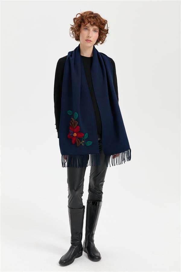 Kadın Örgü Çiçek İşlemeli Püsküllü Kaşkol Lacivert