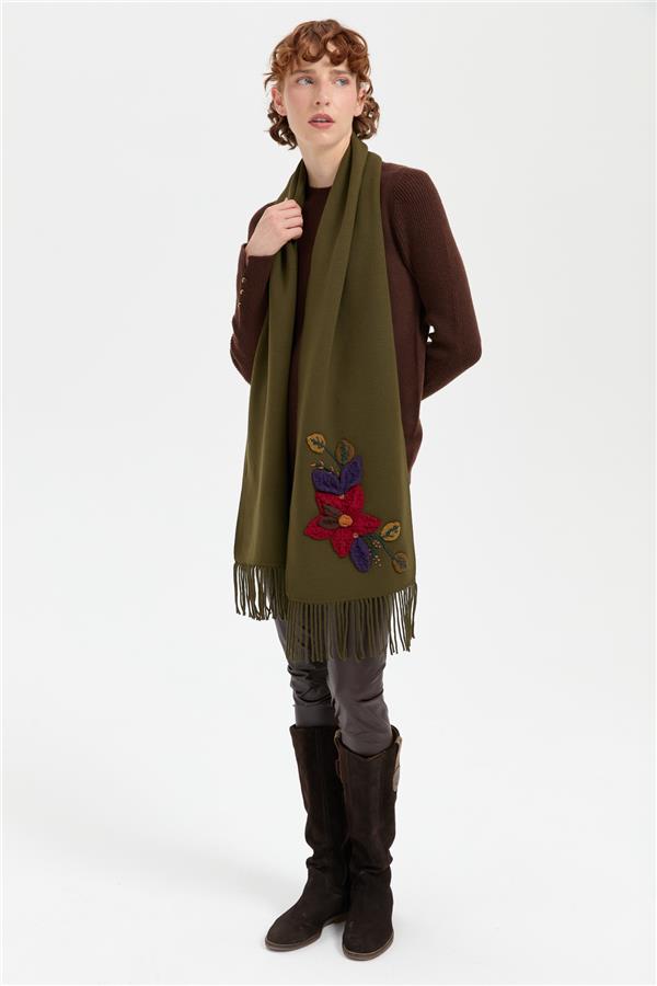 Kadın Örgü Çiçek İşlemeli Püsküllü Kaşkol Haki