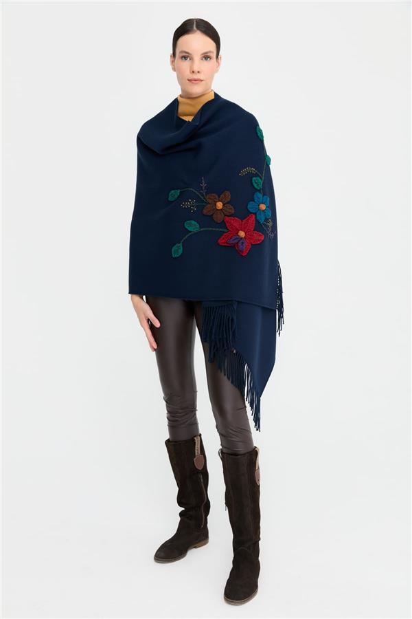 Kadın Örgü Çiçek İşlemeli Püsküllü Şal Lacivert