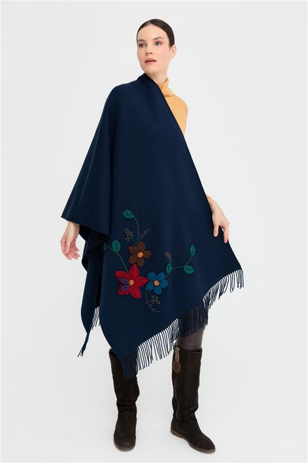 Kadın Örgü Çiçek İşlemeli Püsküllü Şal Lacivert