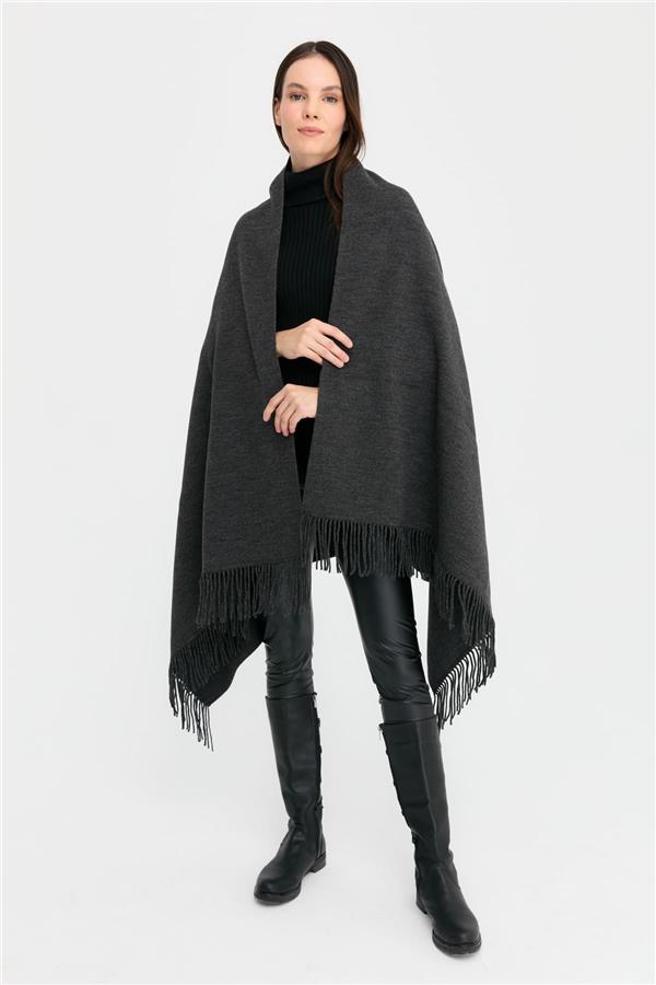 Kadın Ortası Çiçek İşlemeli Şal K.Füme