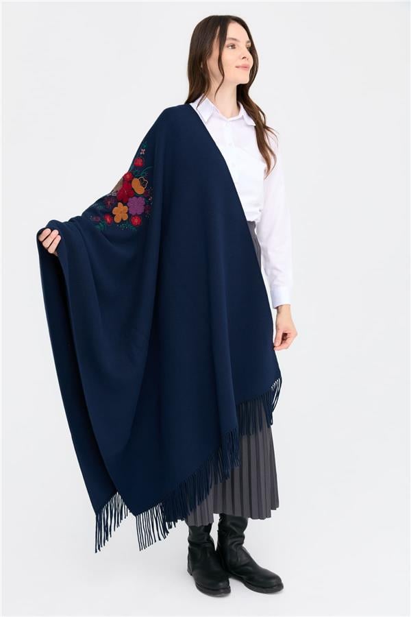 Kadın Ortası Çiçek İşlemeli Şal Lacivert