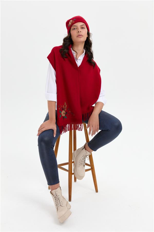 Kadın Papatya Çiçek İşlemeli Yün Bere K.Kırmızı