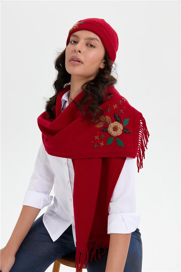 Kadın Papatya Çiçek İşlemeli Yün Bere K.Kırmızı