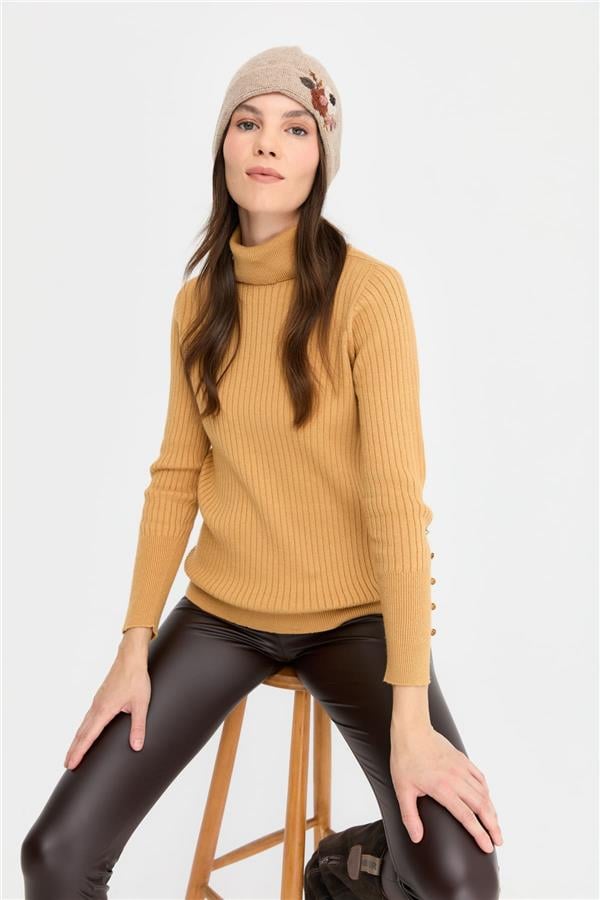 Kadın Papatya Çiçek İşlemeli Yün Bere K.Bej