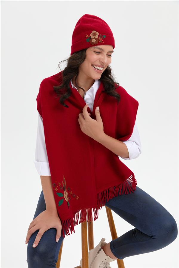 Kadın Papatya Çiçek İşlemeli Yün Bere K.Kırmızı