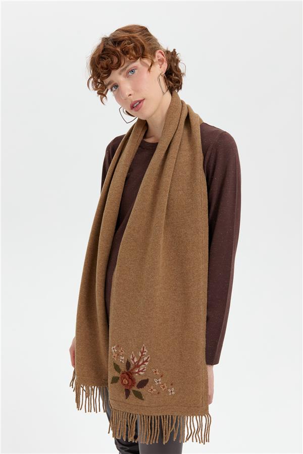 Kadın Papatya İşlemeli Püsküllü Yün Kaşkol V.Camel