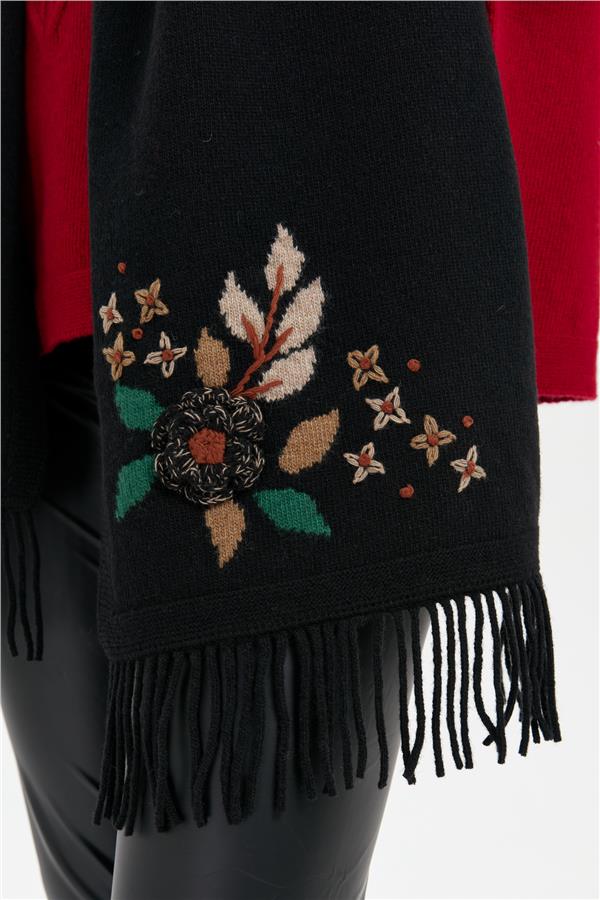 Kadın Papatya İşlemeli Püsküllü Yün Kaşkol Siyah