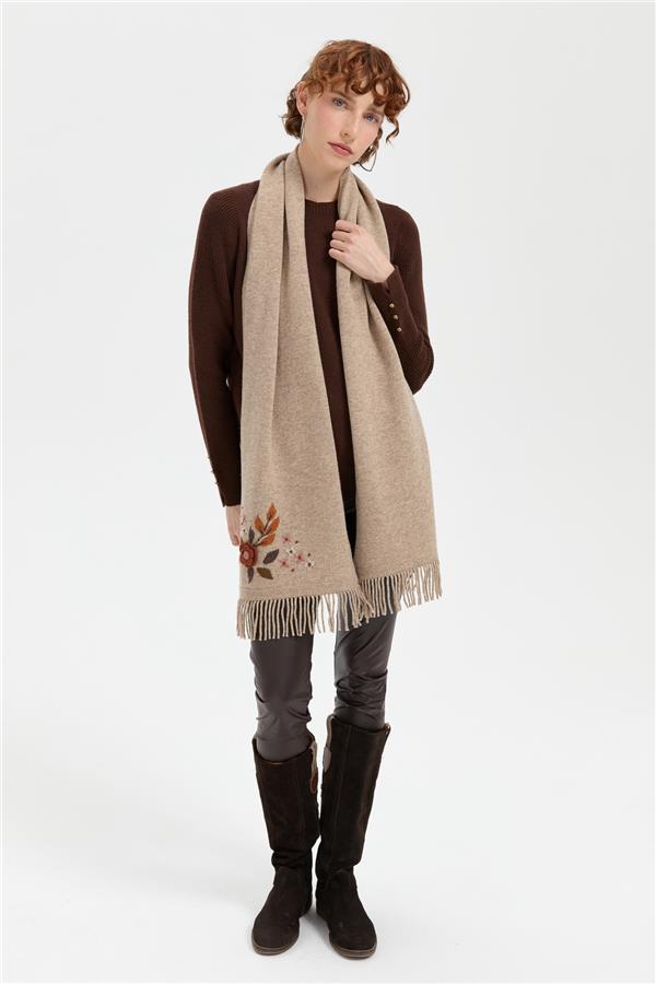 Kadın Papatya İşlemeli Püsküllü Yün Kaşkol K.Bej