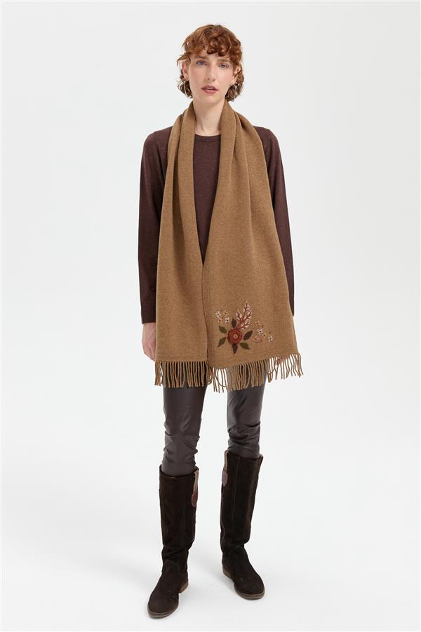 Kadın Papatya İşlemeli Püsküllü Yün Kaşkol V.Camel