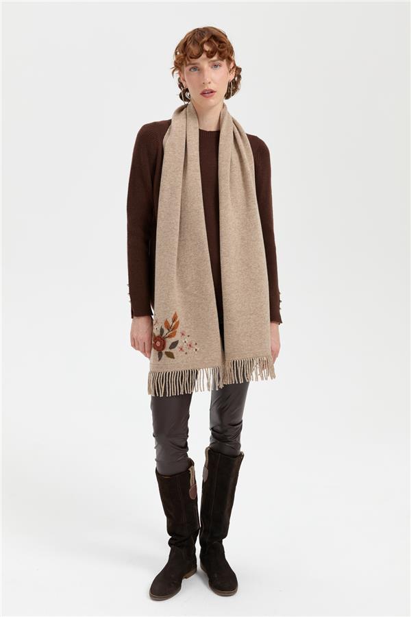 Kadın Papatya İşlemeli Püsküllü Yün Kaşkol K.Bej