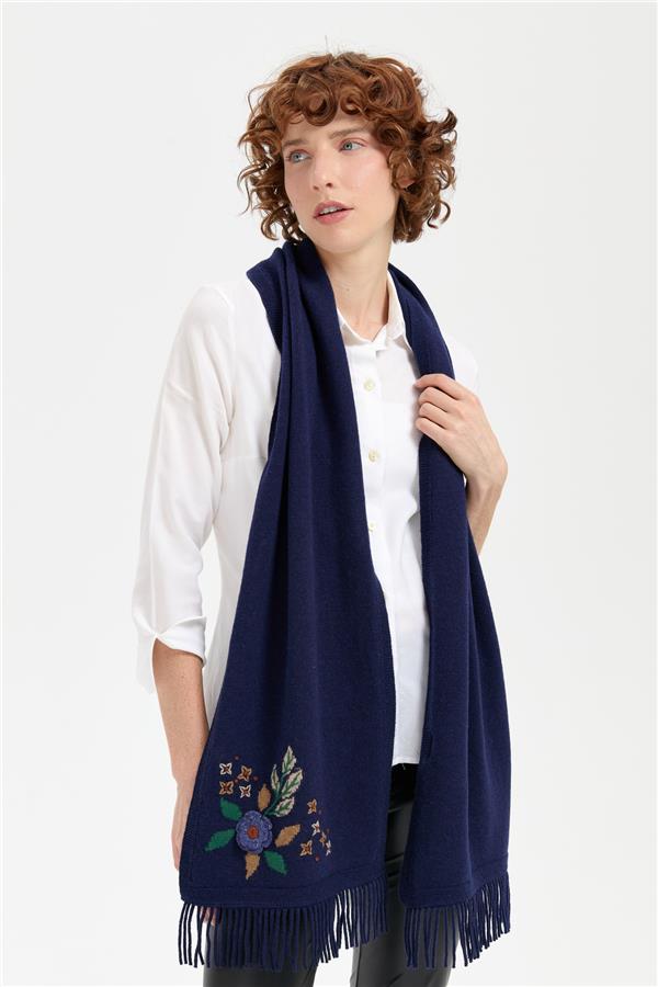 Kadın Papatya İşlemeli Püsküllü Yün Kaşkol Y.A Lacivert