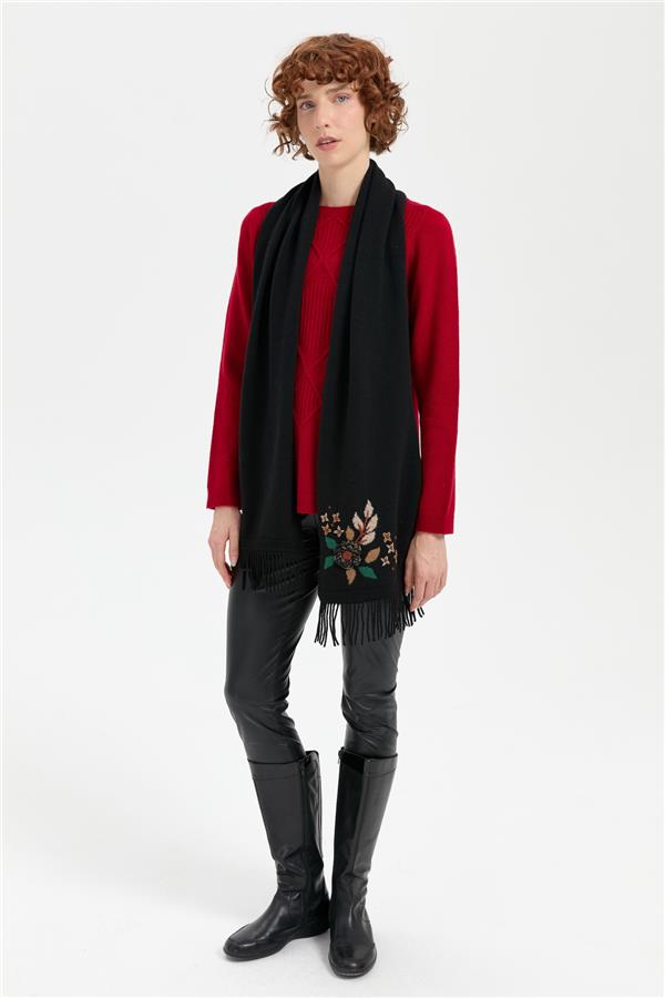 Kadın Papatya İşlemeli Püsküllü Yün Kaşkol Siyah