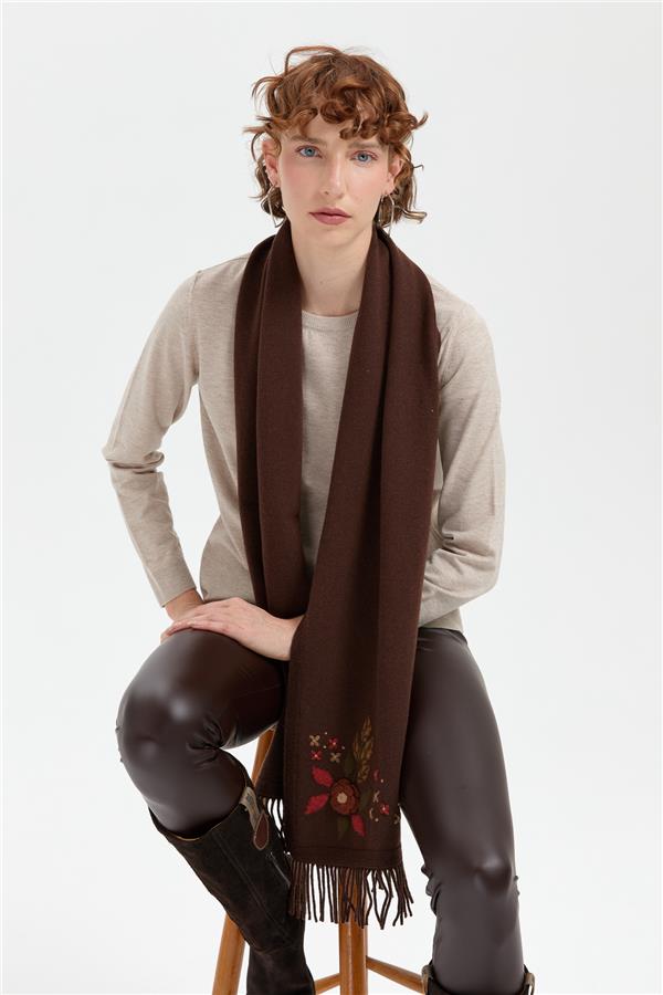 Kadın Papatya İşlemeli Püsküllü Yün Kaşkol M.Kahve