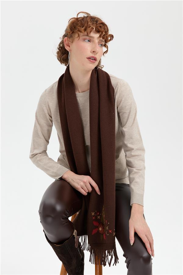 Kadın Papatya İşlemeli Püsküllü Yün Kaşkol M.Kahve