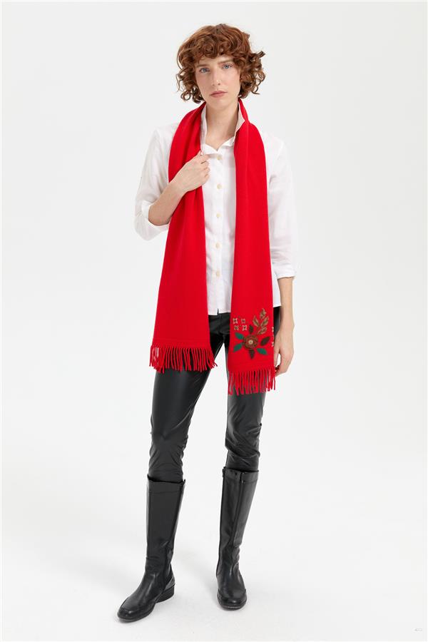 Kadın Papatya İşlemeli Püsküllü Yün Kaşkol Mercan