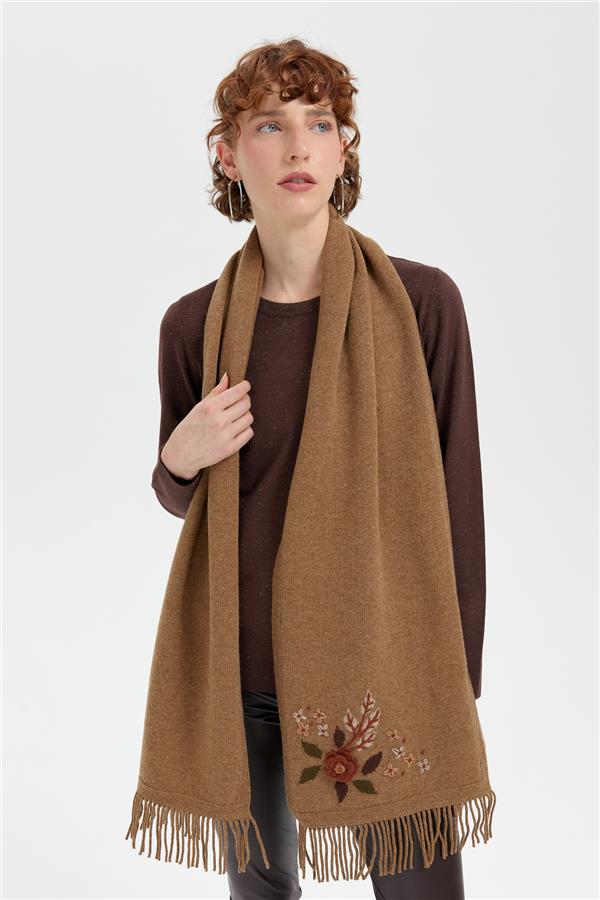 Kadın Papatya İşlemeli Püsküllü Yün Kaşkol V.Camel