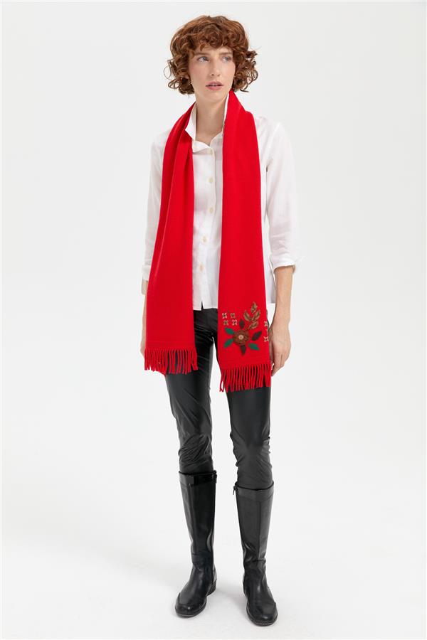 Kadın Papatya İşlemeli Püsküllü Yün Kaşkol Mercan