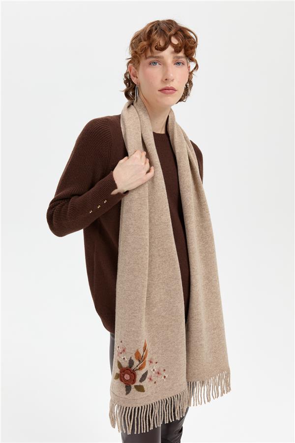 Kadın Papatya İşlemeli Püsküllü Yün Kaşkol K.Bej