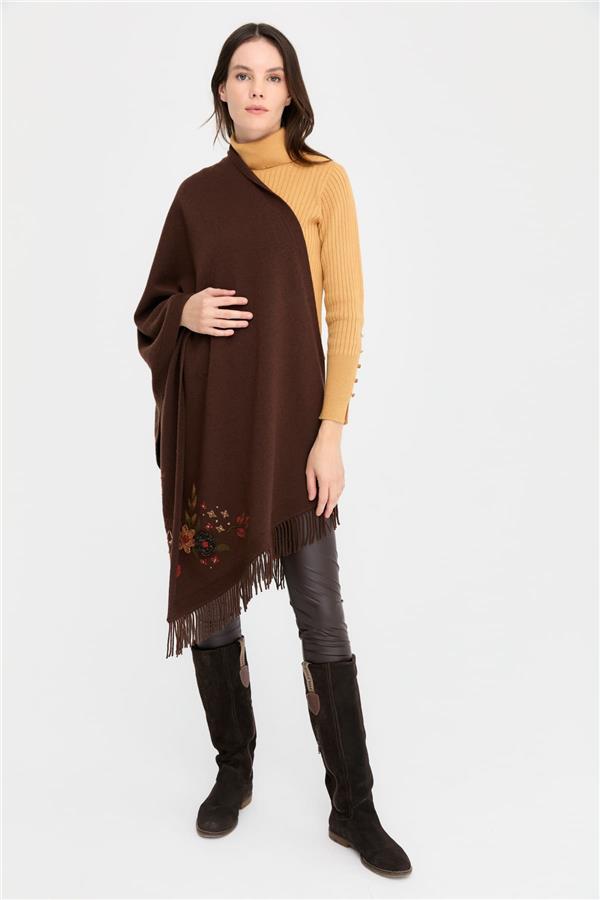 Kadın Papatya İşlemeli Püsküllü Yün Şal M.Kahve