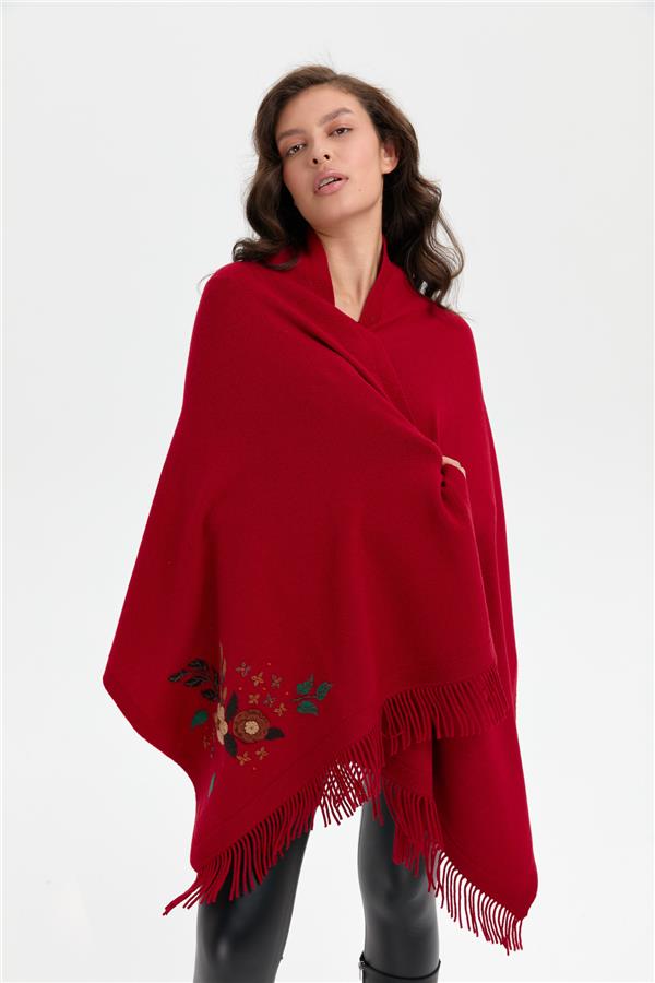 Kadın Papatya İşlemeli Püsküllü Yün Şal K.Kırmızı