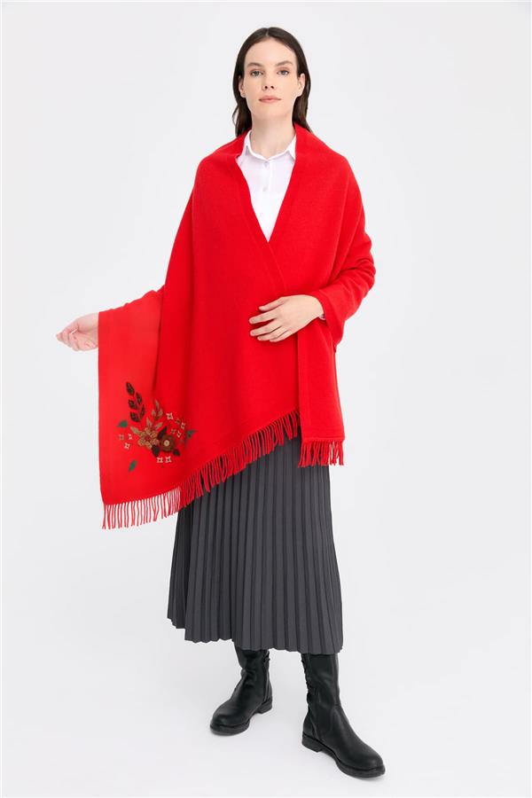 Kadın Papatya İşlemeli Püsküllü Yün Şal Mercan