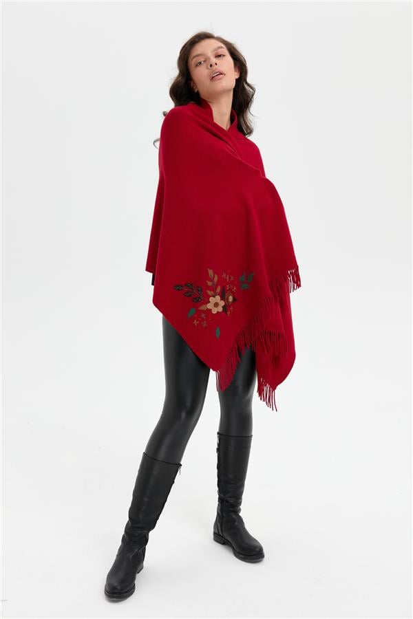 Kadın Papatya İşlemeli Püsküllü Yün Şal K.Kırmızı