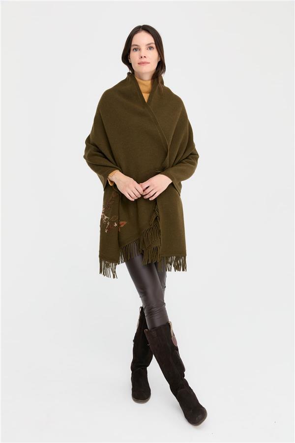 Kadın Papatya İşlemeli Püsküllü Yün Şal A.Yeşil