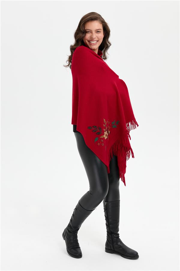Kadın Papatya İşlemeli Püsküllü Yün Şal K.Kırmızı