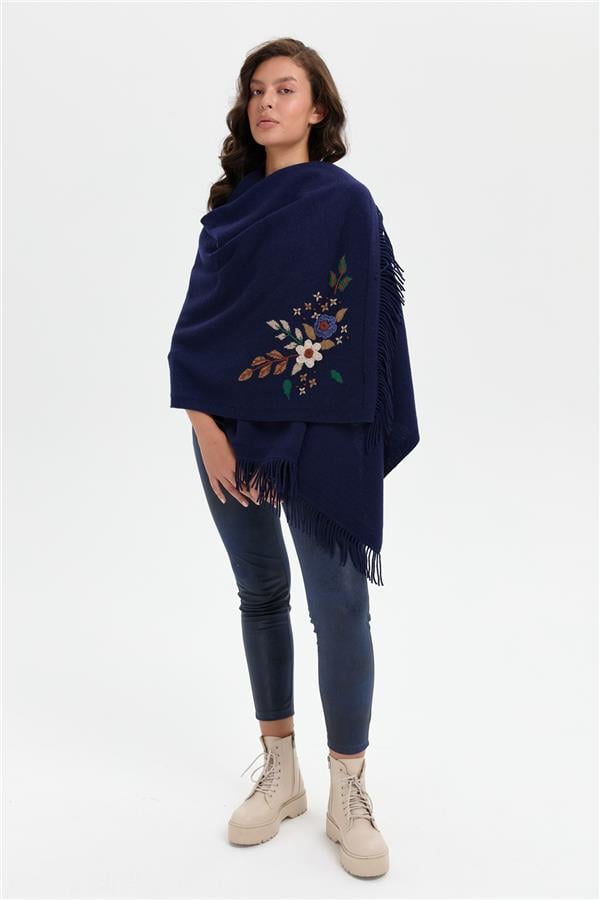 Kadın Papatya İşlemeli Püsküllü Yün Şal Y.A Lacivert