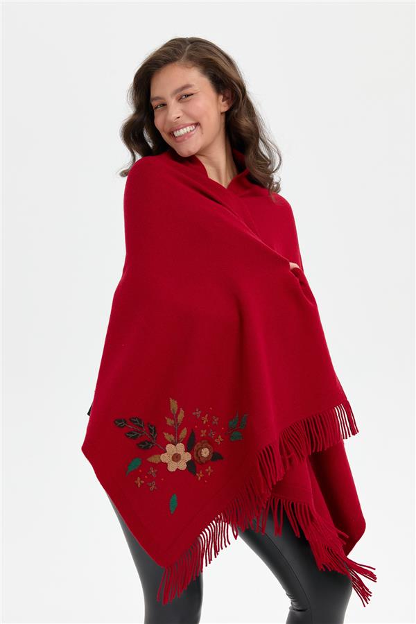 Kadın Papatya İşlemeli Püsküllü Yün Şal K.Kırmızı