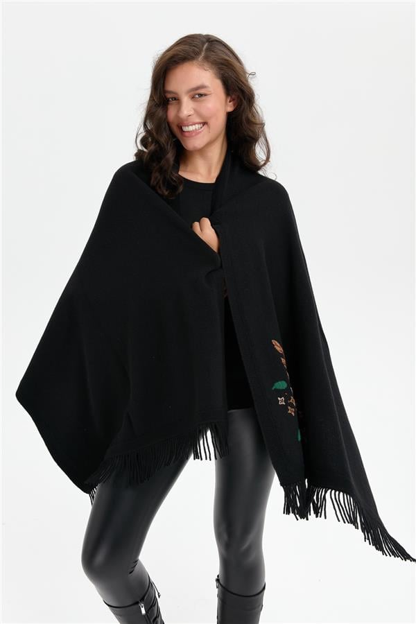 Kadın Papatya İşlemeli Püsküllü Yün Şal Siyah