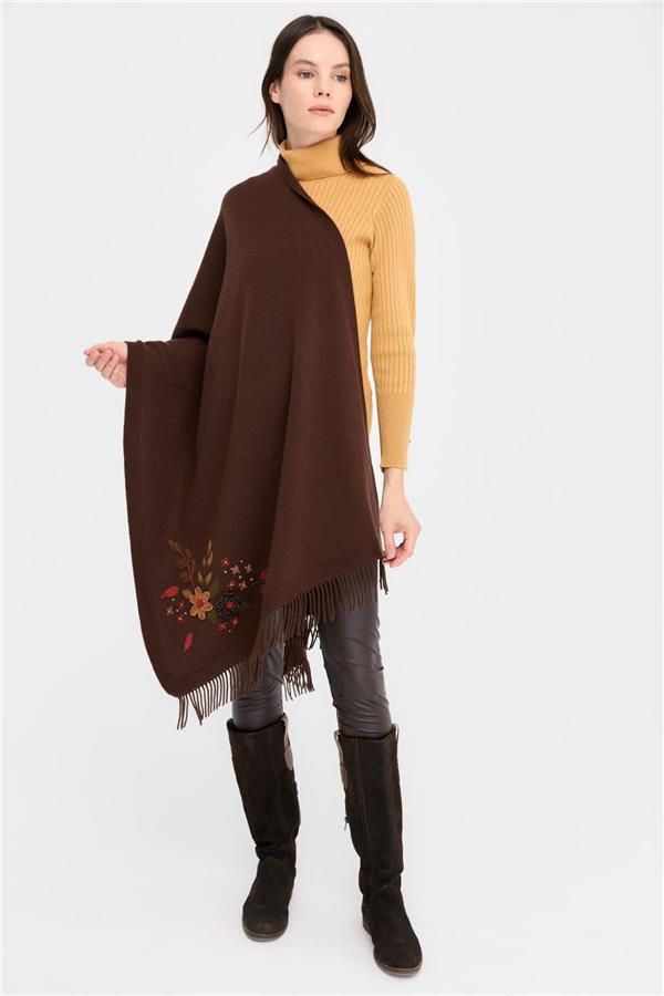 Kadın Papatya İşlemeli Püsküllü Yün Şal M.Kahve