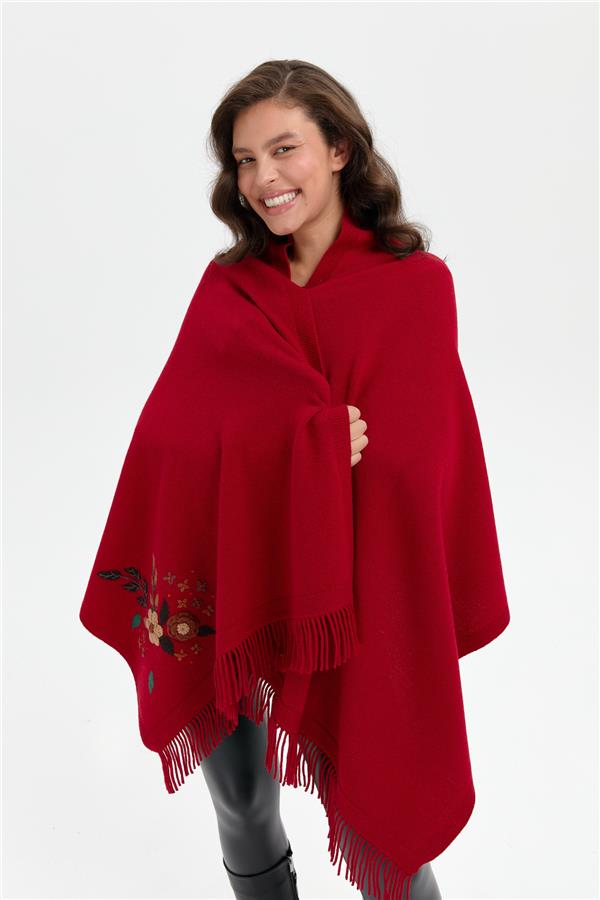 Kadın Papatya İşlemeli Püsküllü Yün Şal K.Kırmızı