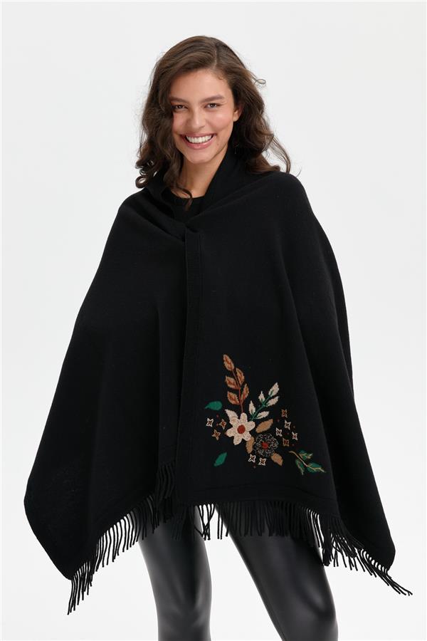 Kadın Papatya İşlemeli Püsküllü Yün Şal Siyah