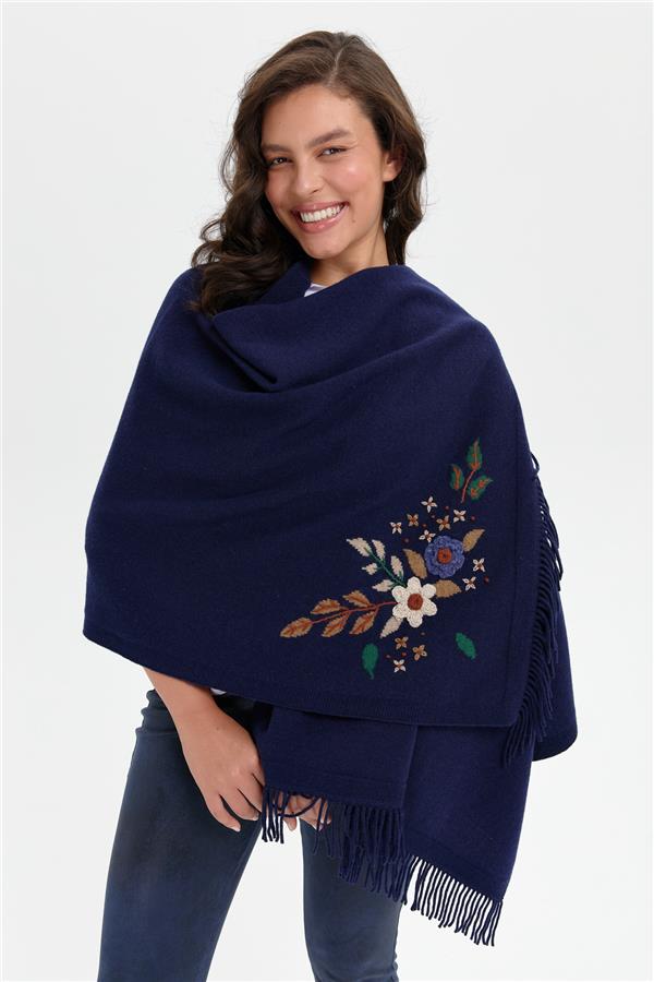 Kadın Papatya İşlemeli Püsküllü Yün Şal Y.A Lacivert