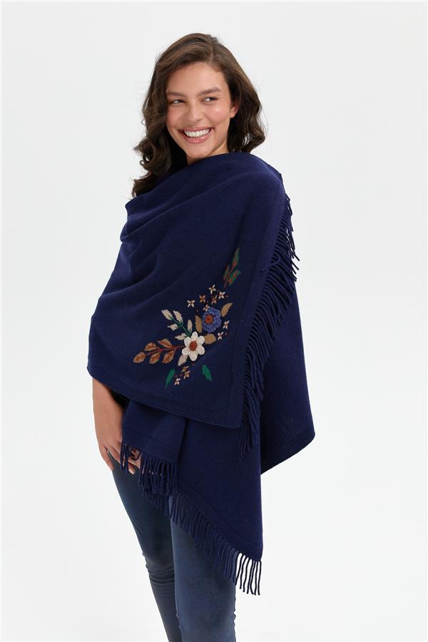Kadın Papatya İşlemeli Püsküllü Yün Şal Y.A Lacivert