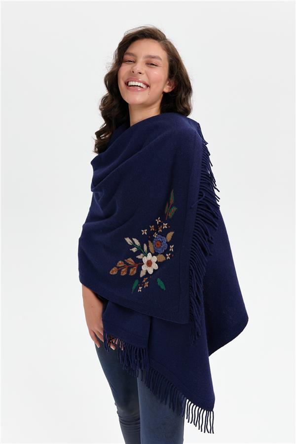 Kadın Papatya İşlemeli Püsküllü Yün Şal Y.A Lacivert