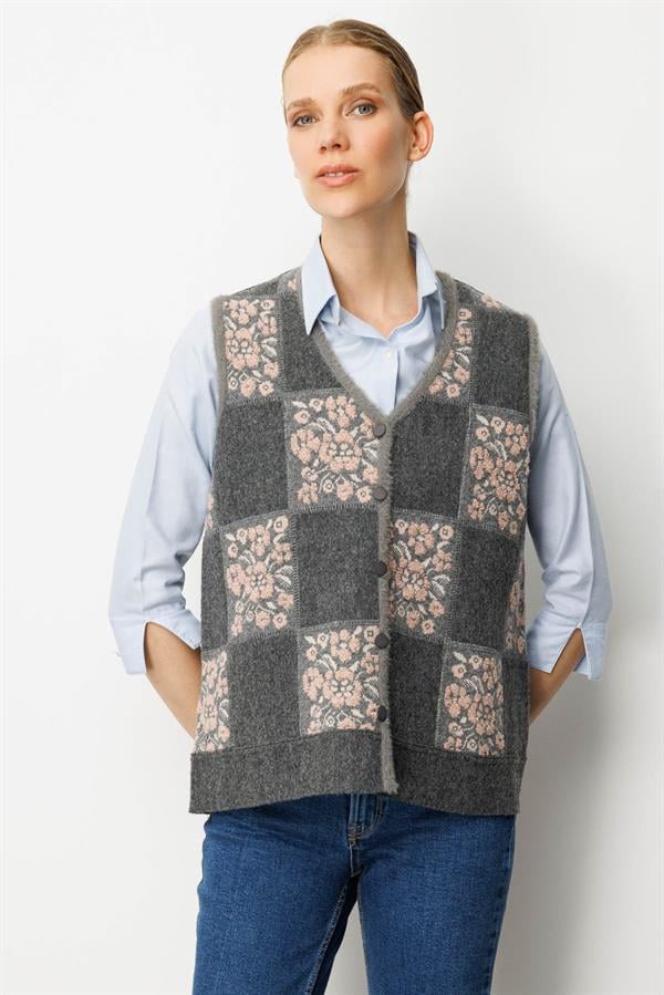 Kadın Pıtırcık Çiçekli Patchwork Keçe Yün Yelek Füme_A.Pembe