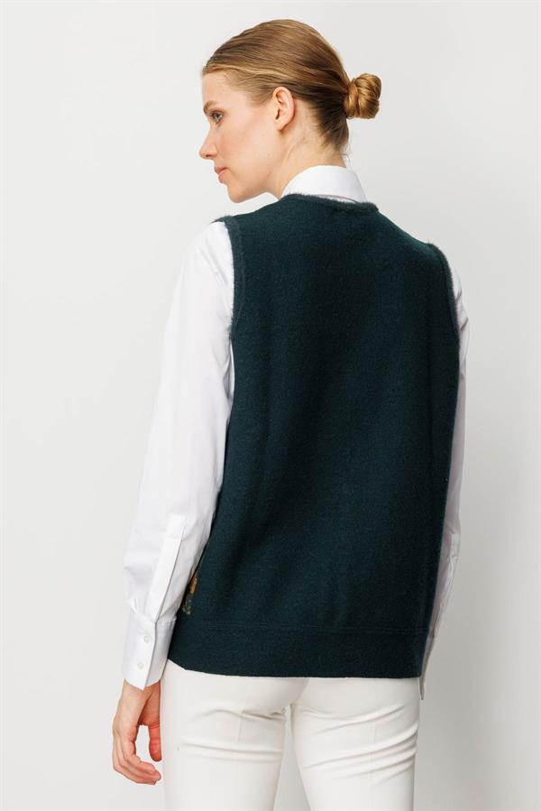 Kadın Pıtırcık Çiçekli Patchwork Keçe Yün Yelek Yeşil_Taba