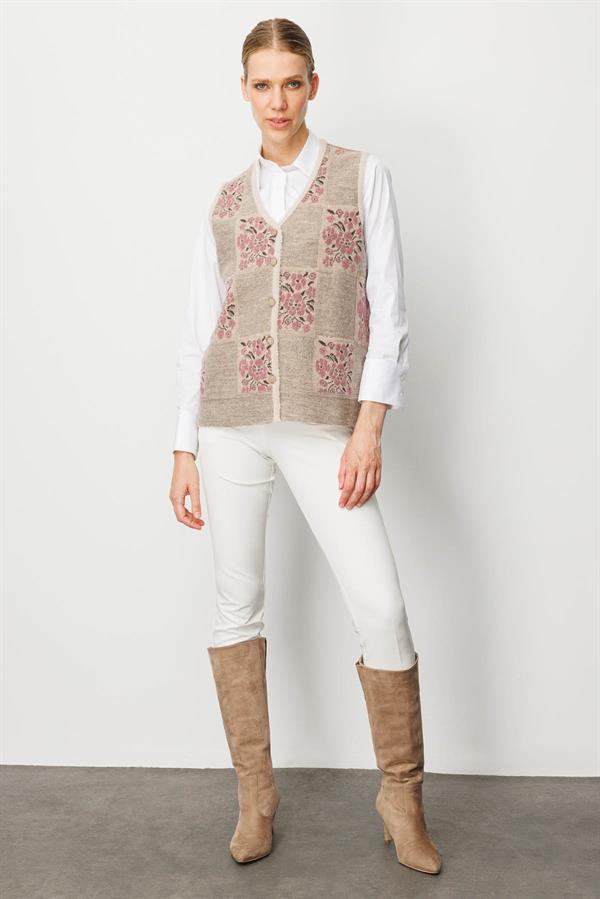 Kadın Pıtırcık Çiçekli Patchwork Keçe Yün Yelek Bej_Y.G..Kurusu