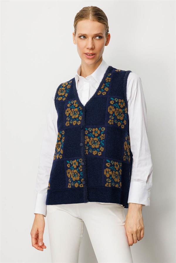 Kadın Pıtırcık Çiçekli Patchwork Keçe Yün Yelek O.Haki