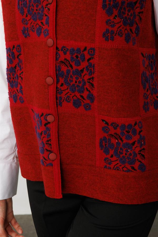 Kadın Pıtırcık Çiçekli Patchwork Keçe Yün Yelek Y.Kırmızı_K.mor