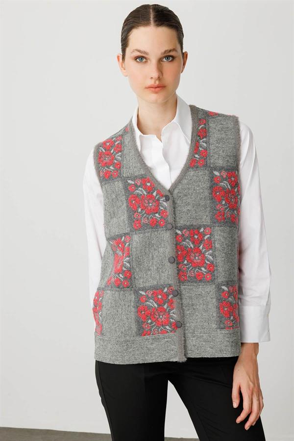 Kadın Pıtırcık Çiçekli Patchwork Keçe Yün Yelek Y.Füme_Y.Ş.Pembe
