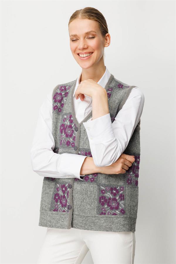 Kadın Pıtırcık Çiçekli Patchwork Keçe Yün Yelek Y.Füme_A.Mor