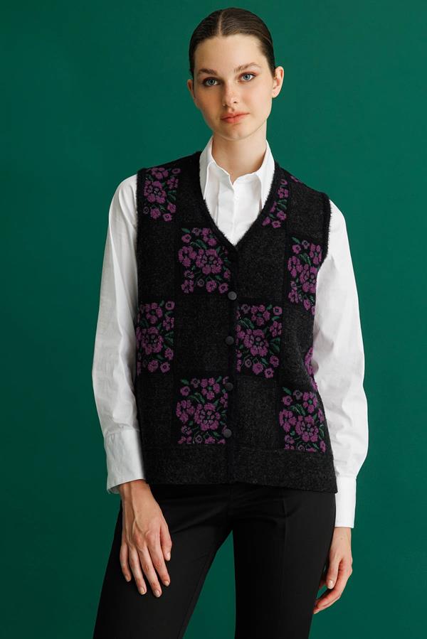 Kadın Pıtırcık Çiçekli Patchwork Keçe Yün Yelek Siyah_A.Mor