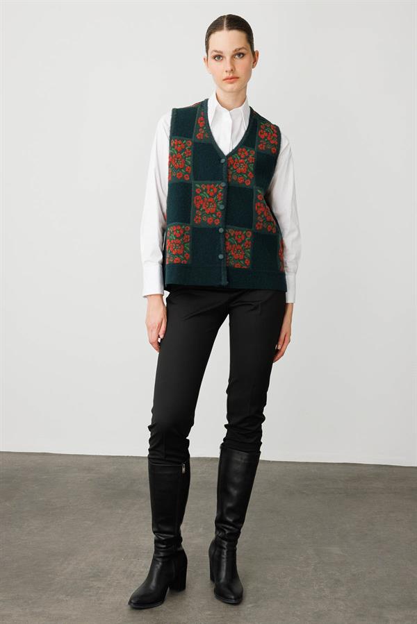 Kadın Pıtırcık Çiçekli Patchwork Keçe Yün Yelek Yeşil_Kiremit