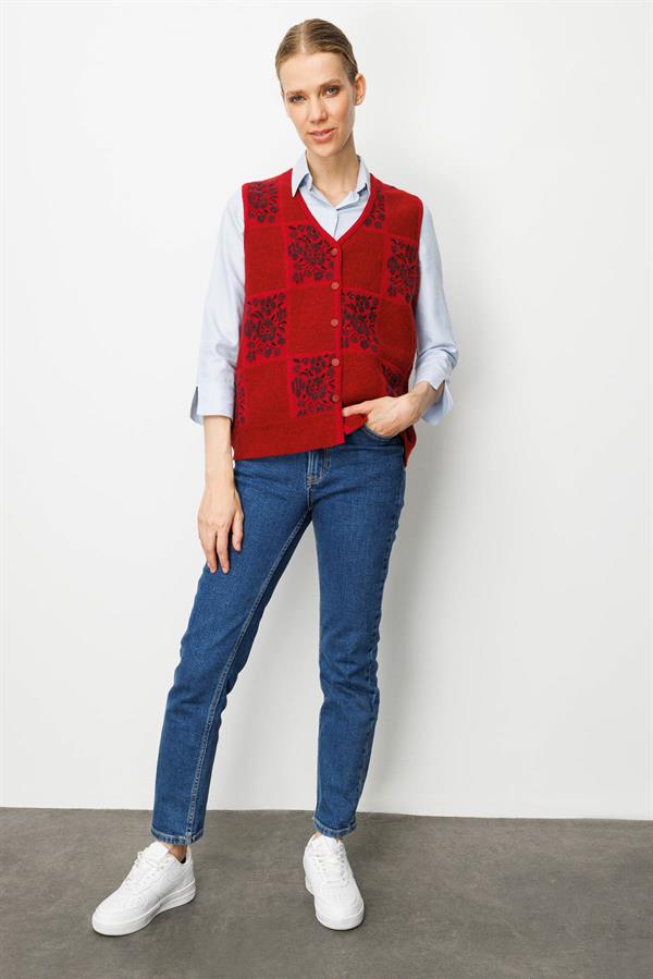 Kadın Pıtırcık Çiçekli Patchwork Keçe Yün Yelek Y.Kırmızı_K.Mürdüm