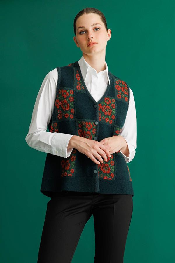 Kadın Pıtırcık Çiçekli Patchwork Keçe Yün Yelek Yeşil_Kiremit