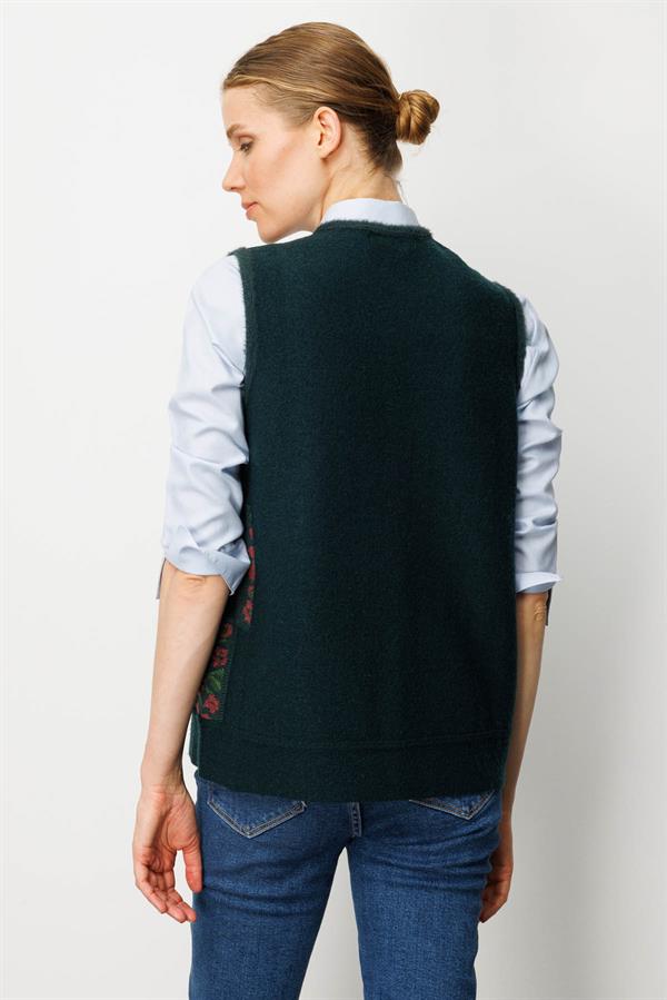 Kadın Pıtırcık Çiçekli Patchwork Keçe Yün Yelek Yeşil_K.G.Kurusu